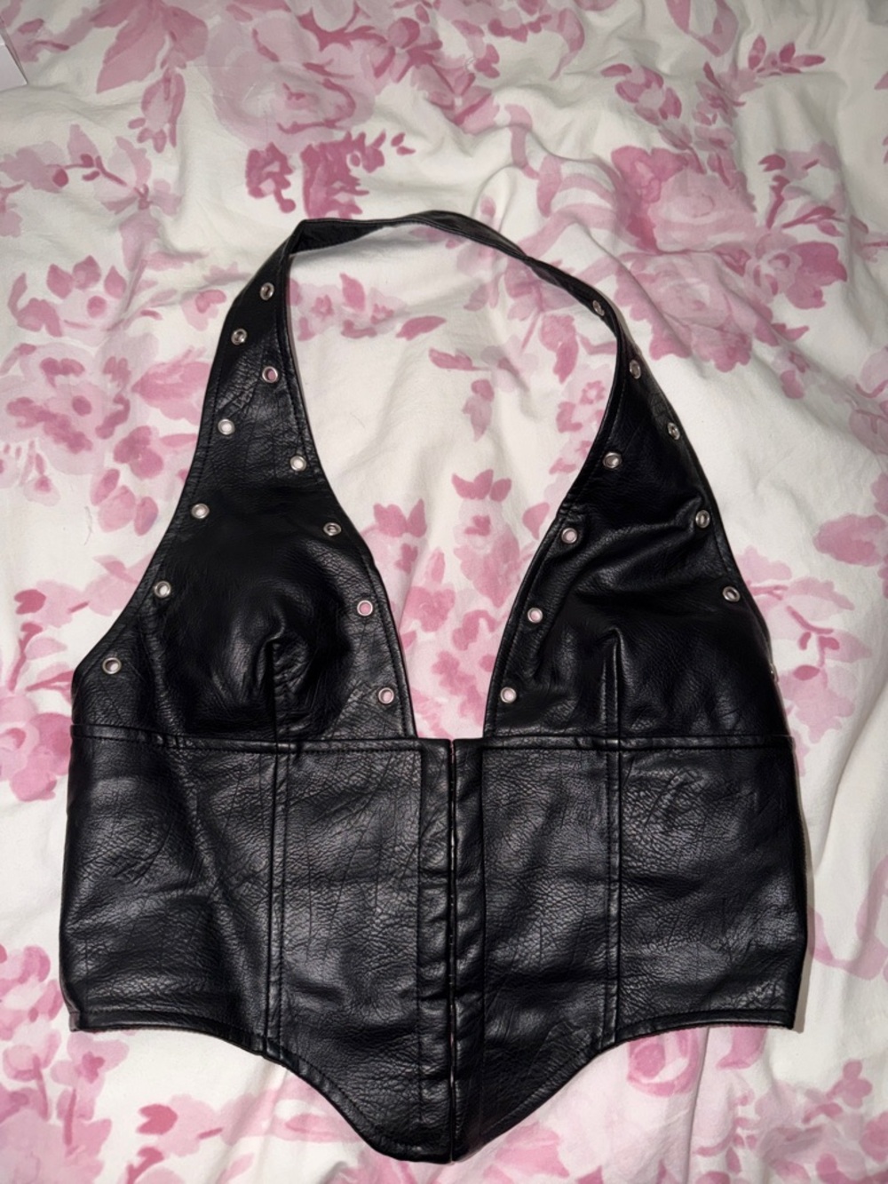 Princess Polly Black Faux Leather Studded Halter Crop Top